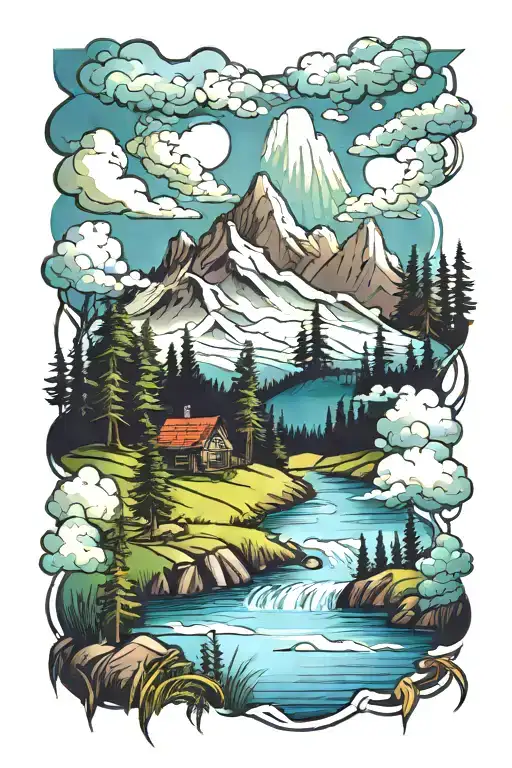 Mountains Forest River Cottage Grass Clouds