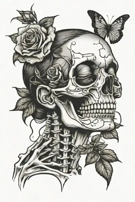 Skeleton Hand Holding Rose Under Woman's Nose While She Closes Her Eyes And Smells The Rose