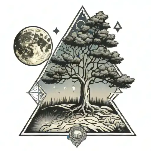 Tree Growing On Moon Surrounded By Triangle