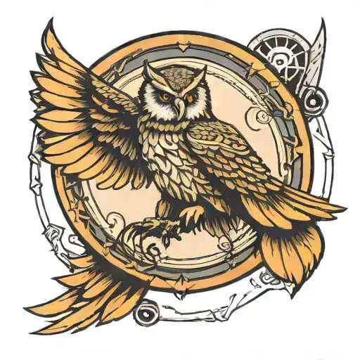 A Round Shield With A Owl Flying