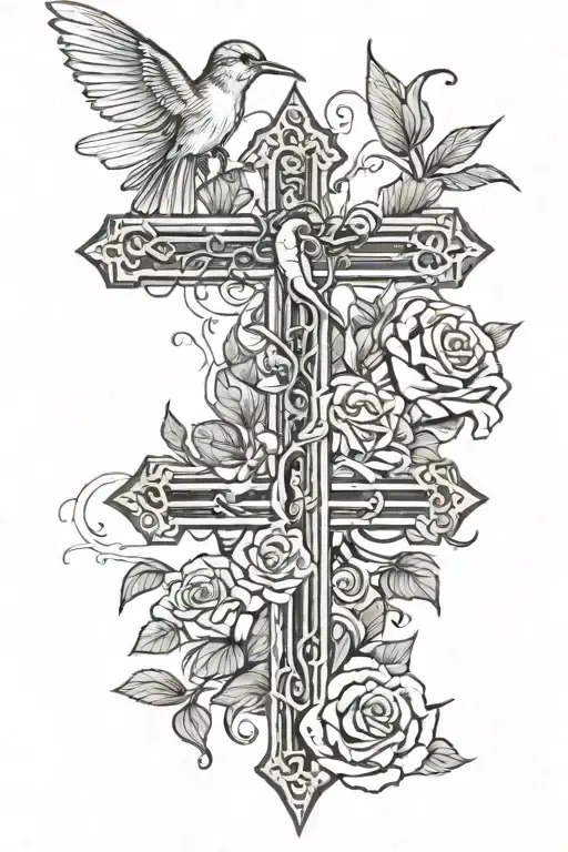 A Cross With Roses On The Bottom A Humming Bird Flying Around And A Lizard On The Cross