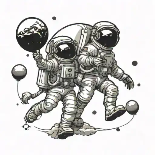 Tattoo Of A Male Astronaut Handing A Female Astronaut Balloons That Symbolize Planets