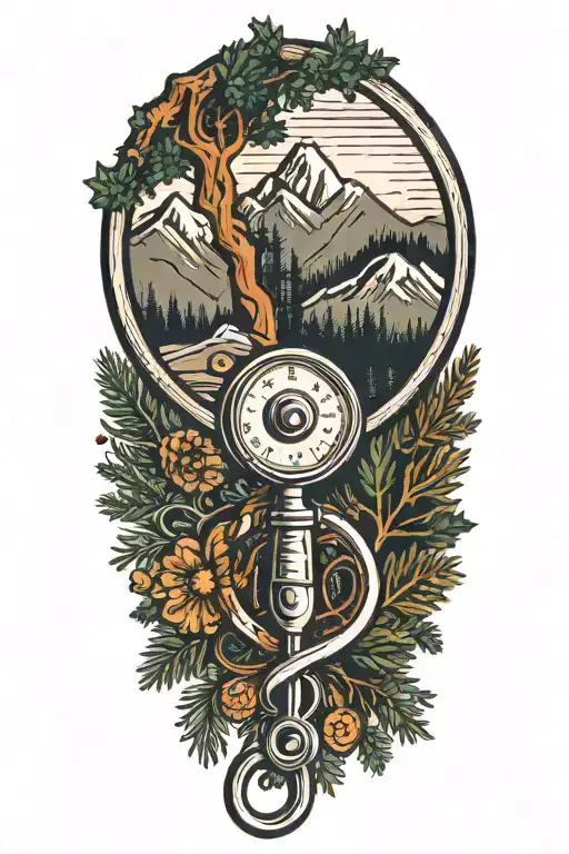 A Stylized Illustration Of A Doctor's Stethoscope Intertwined With Mountain Peaks And Pine Trees