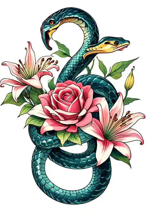 Snake Wrapped Around Roses And Lilies