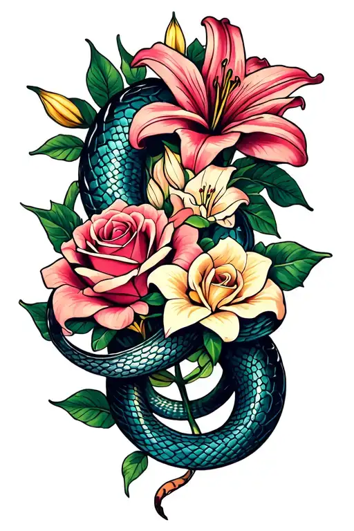 Snake Wrapped Around Roses And Lilies