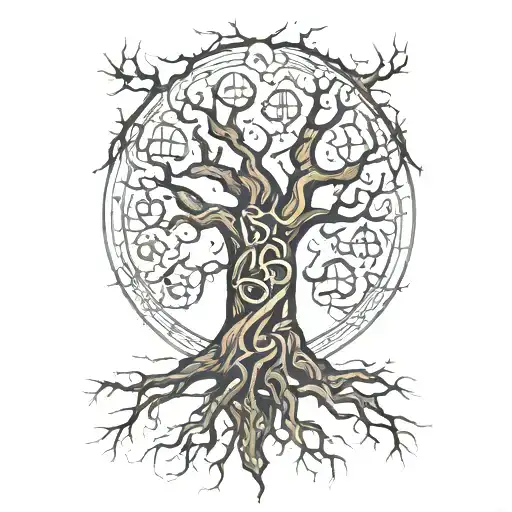 A Mystical Tree With Norse Runes Carved Into Its Bark And Animals Weaving Through Its Branches