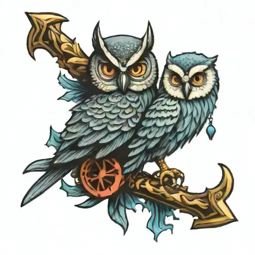Owl And Seahorse Holding Trident