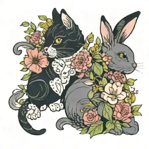 Cat And Rabbit Surrounded By Flowers Intertwined