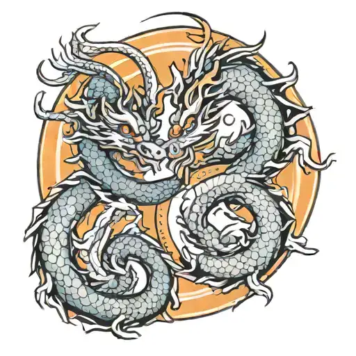 Two Chinese Dragons Around An Orange Sun