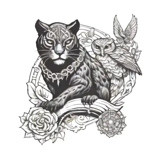 Black Panther And Owl Perched