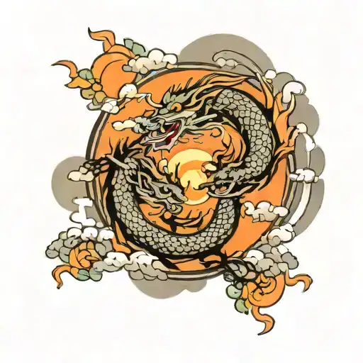 Two Chinese Dragons Around An Orange Sun With Clouds And With Chinese Symbols