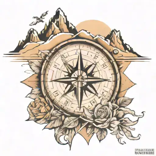 Half Sleeve With Compass And Mountains And An Outlaw Country Music Aesthetic