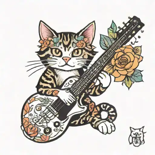 A Cat Playing A Guitar Surrounded By Colorful Flowers