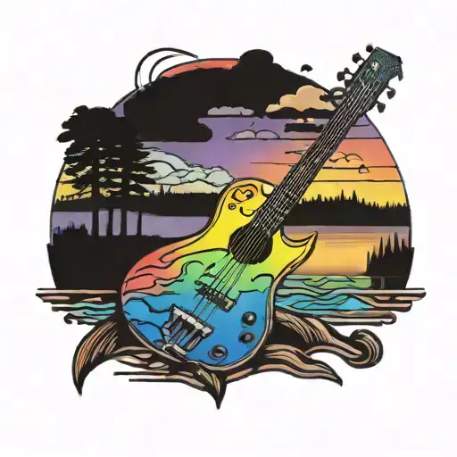 5-String Bass Guitar And Rainbow Colors Sunset Over Lake