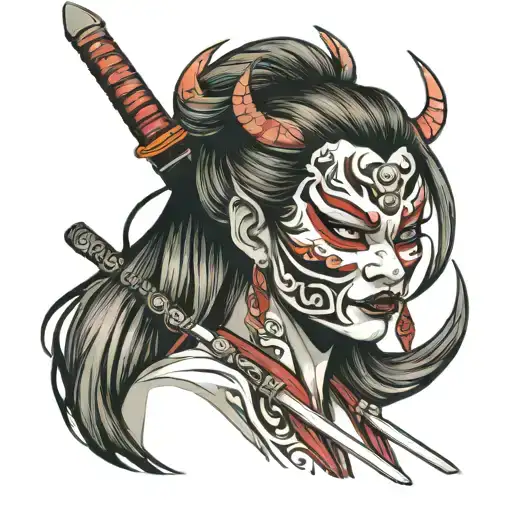 Oni Mask On Girl With Katana Sword
