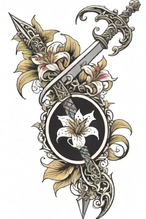 Lily Flowers Wrapping Down A Sword In A Spiral