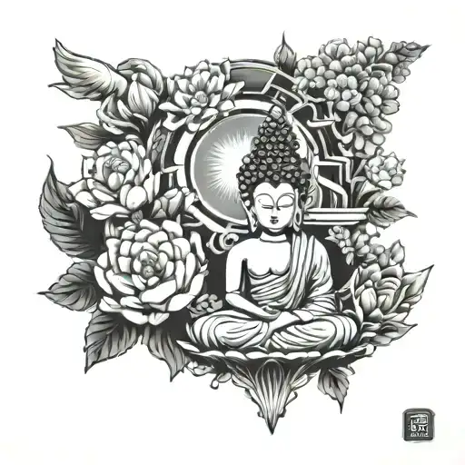 Pagoda And Buddha Surrounded By Flowers