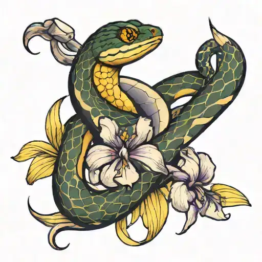 A Snake Wrapped Around Iris Flowers Blooming