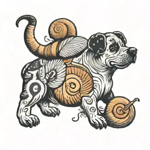 A Dog And A Snail With A Shell Where There Is A Fish