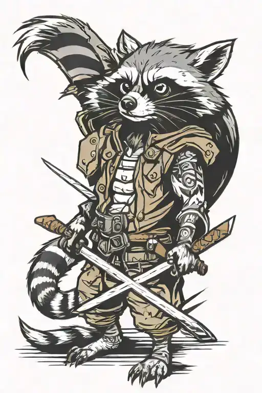 Aggressive Raccoon In The Style Of Anime Characters With A Katana