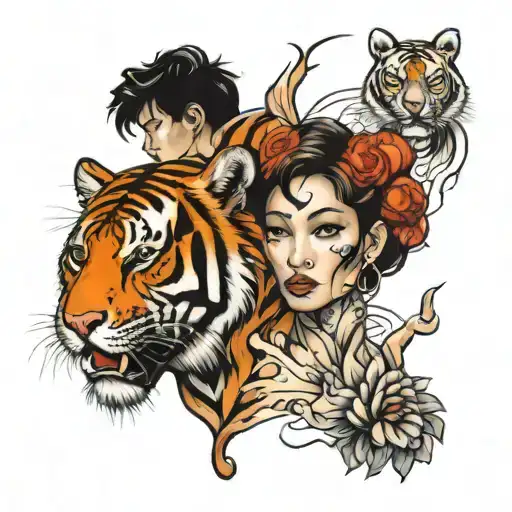 Tiger And Woman Face