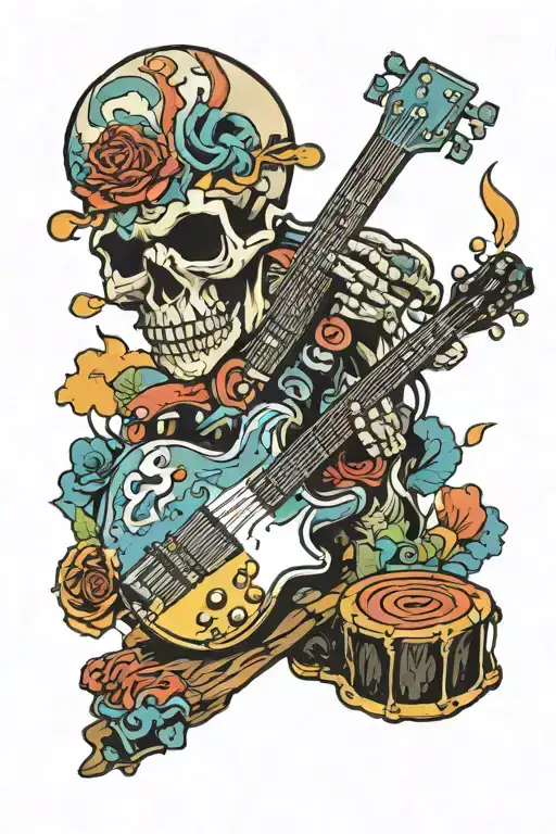 Rock Skull Guitar Bass Guitar Punk Rock Mountains River Sky Colour Drums Lights
