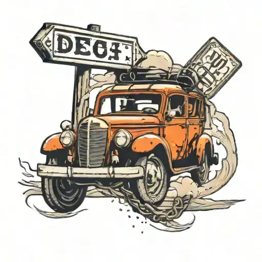 Car Drives Down The Road In Front Of A Road Sign Intertwined