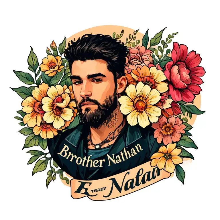 Name Brother Nathan On Shoulder Tattoo With Flowers