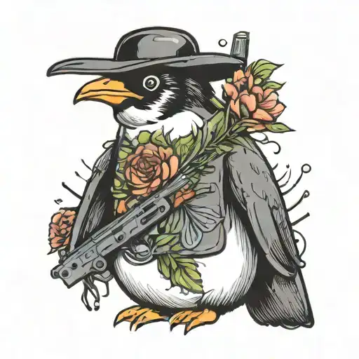 Penguin With A Pistol Where Flowers Pop Out