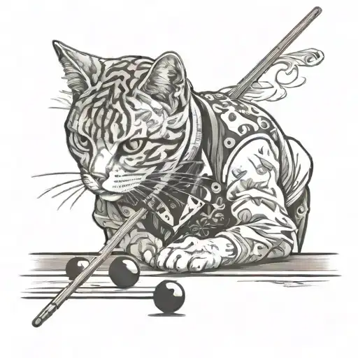 Cat Playing Snooker On Snooker Table With Cue