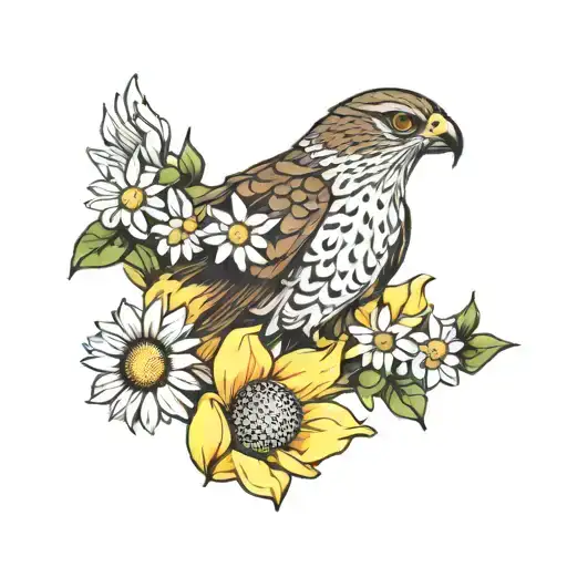 Hawk Eye With Daisies And Daffodils