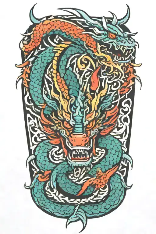 Colorful Japanese Tribal Tattoo With Dragon