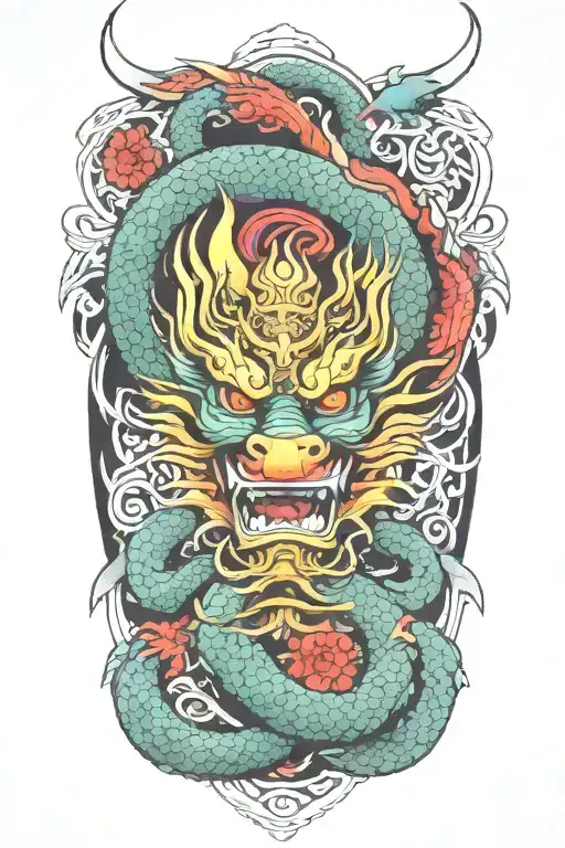 Colorful Japanese Tribal Tattoo With Dragon