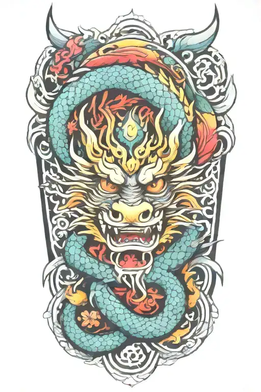 Colorful Japanese Tribal Tattoo With Dragon