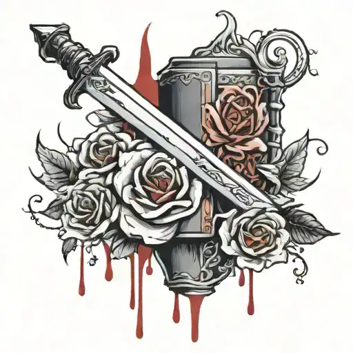 Book With A Sword Piercing Through With Blood And Falling Roses