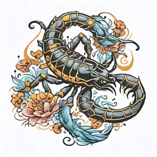 Black Stylized Scorpion Surrounded By Watercolor Fish