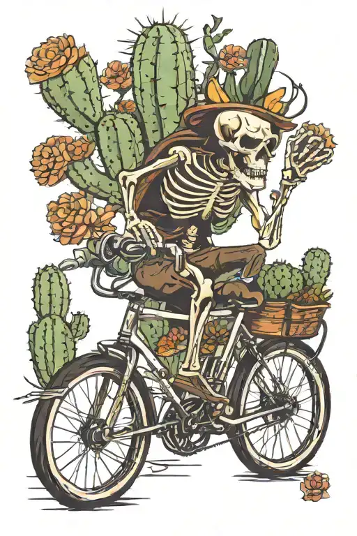 Skeleton On Bicycle In Front Of Cactus