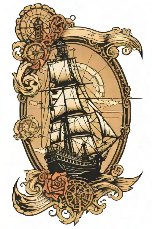 Half Compas With Moutians On Top With A Lighthouse And Ship