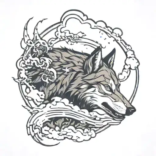 Wolf Howling With Clouds And Lightning Trash Polka Style