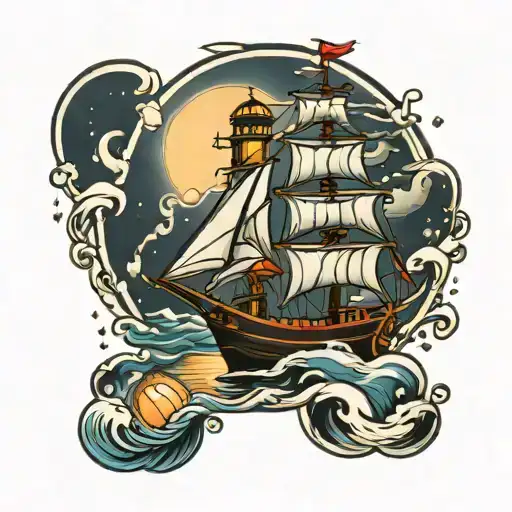 Ship And Lighthouse Shining