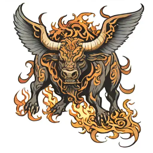 A Neotraditional Bull With Wings Made Of Dragon Fire