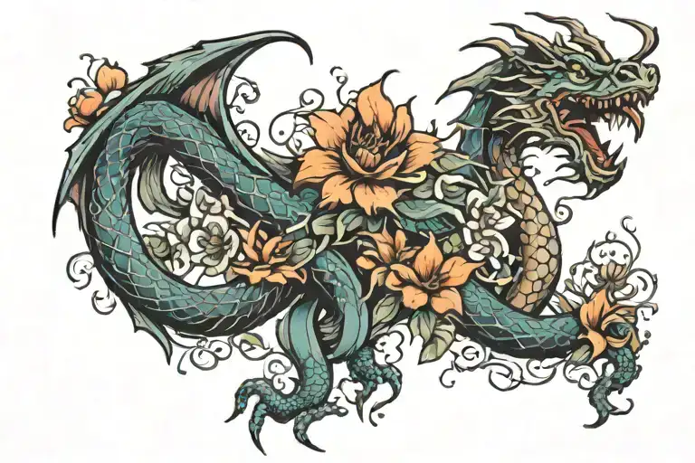 1 Dragon And Flowers Intertwined