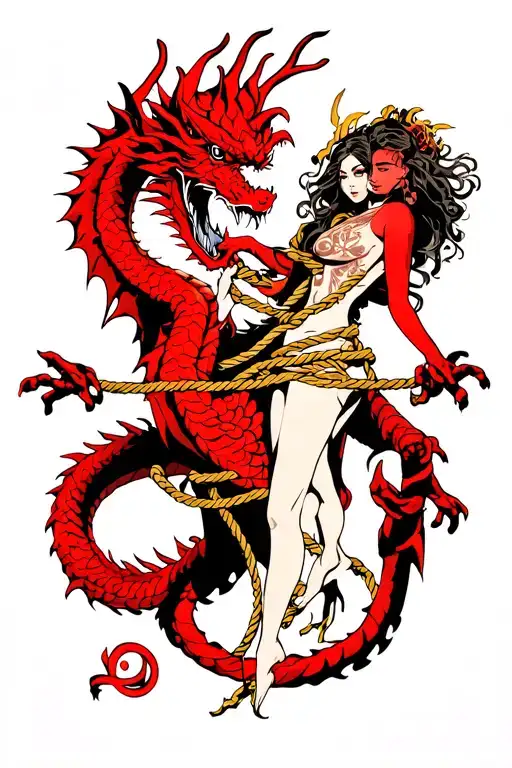 Red Dragon With A Woman Tied In Rope And Triskelion