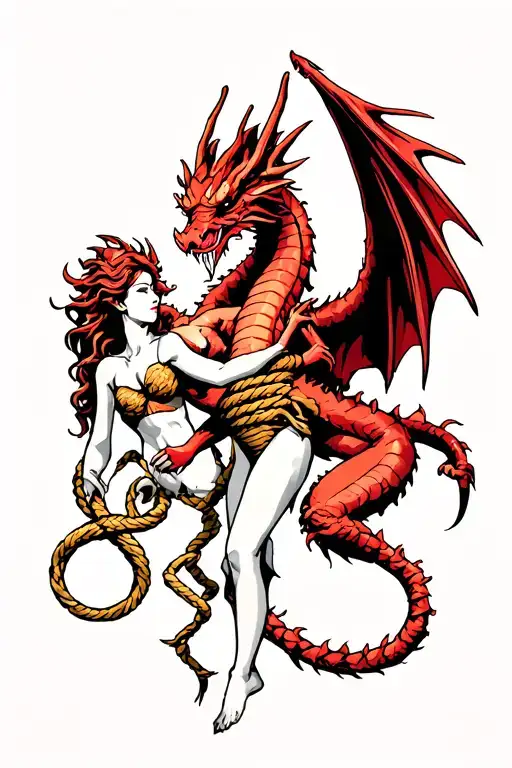Red Dragon With Wings Holding Awoman Tied In Rope And Triskelion In Claw