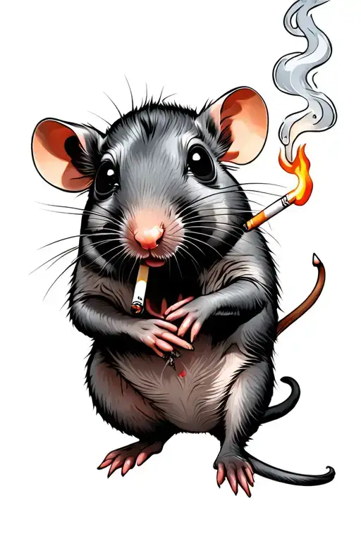 Tired Rat With Black Eye Smoking Cigarette Burning