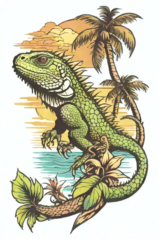 Iguana Palm Tree Ocean Sunset Scene