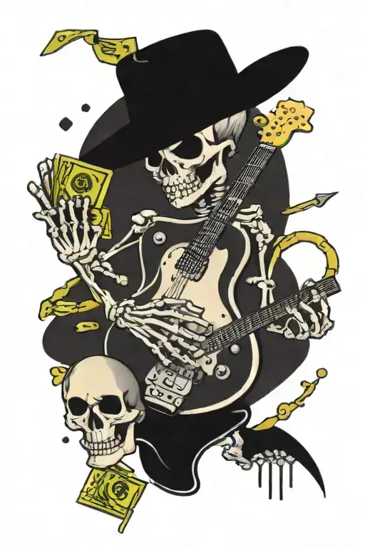 A Neotraditional Tattoo Of A Guitar Being Strummed By A Skeleton Hand With Money Falling Out
