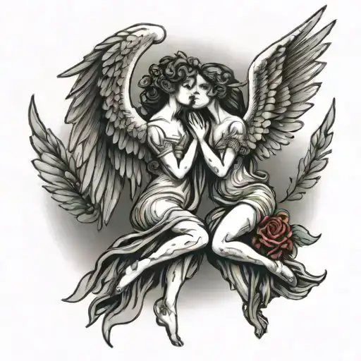 Two Kissing Female Angels Flying