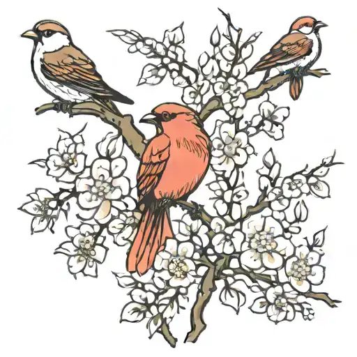 Long Tree Branch With Blossoms And Three Birds