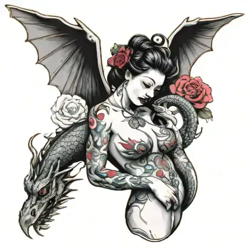 Long Dragon Under A Woman's Breast On One Side